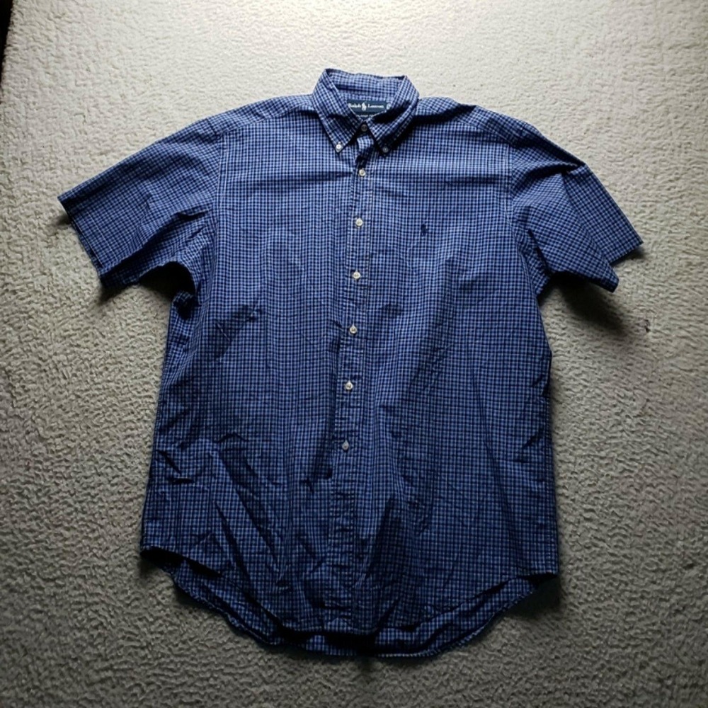 Ralph Lauren Shirt Mens Large Blue Check Short Sleeve Cotton Button-Up Casual